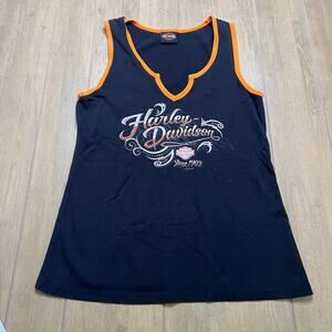 Harley-Davidson Black and Orange Women's Tank Top size M/L Y2K outdoors